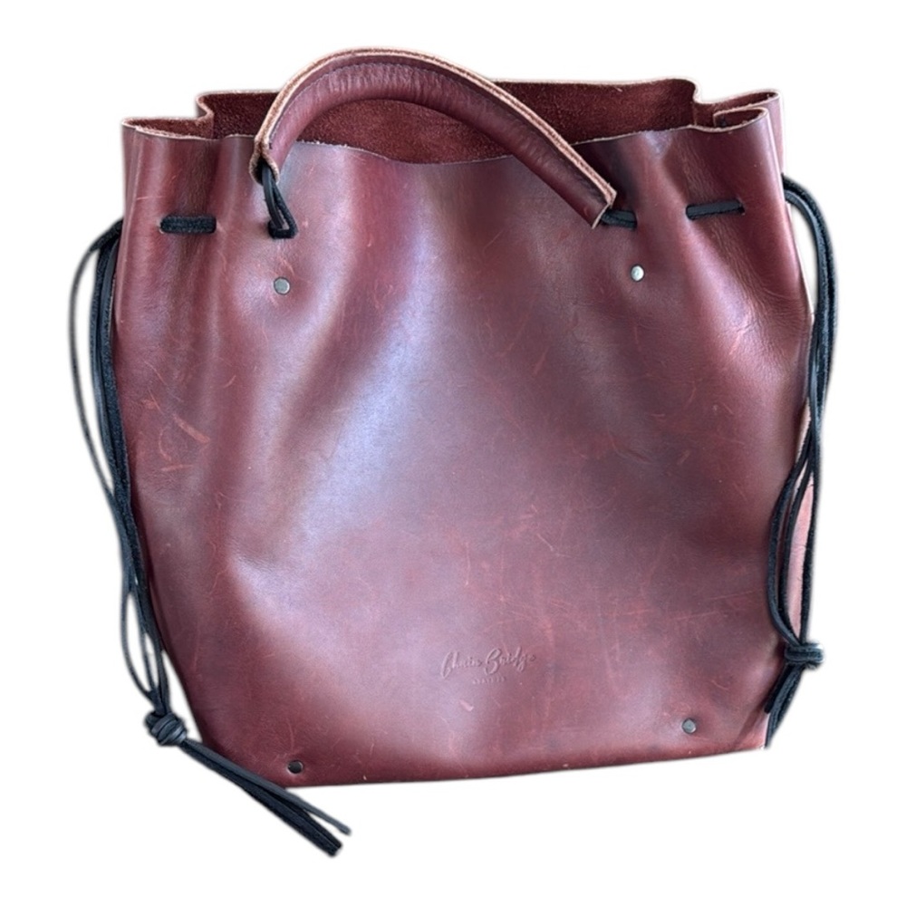 Chain Bridge Leather Burgundy Bucket Tote Made In USA